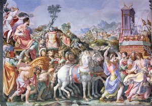 मार्कस फ्यूरियस कैमिलस (447-365 ईसा पूर्व) की विजय, साला dell&39;Udienza, 1545 (बहाली के बाद) से (85158 देखें)